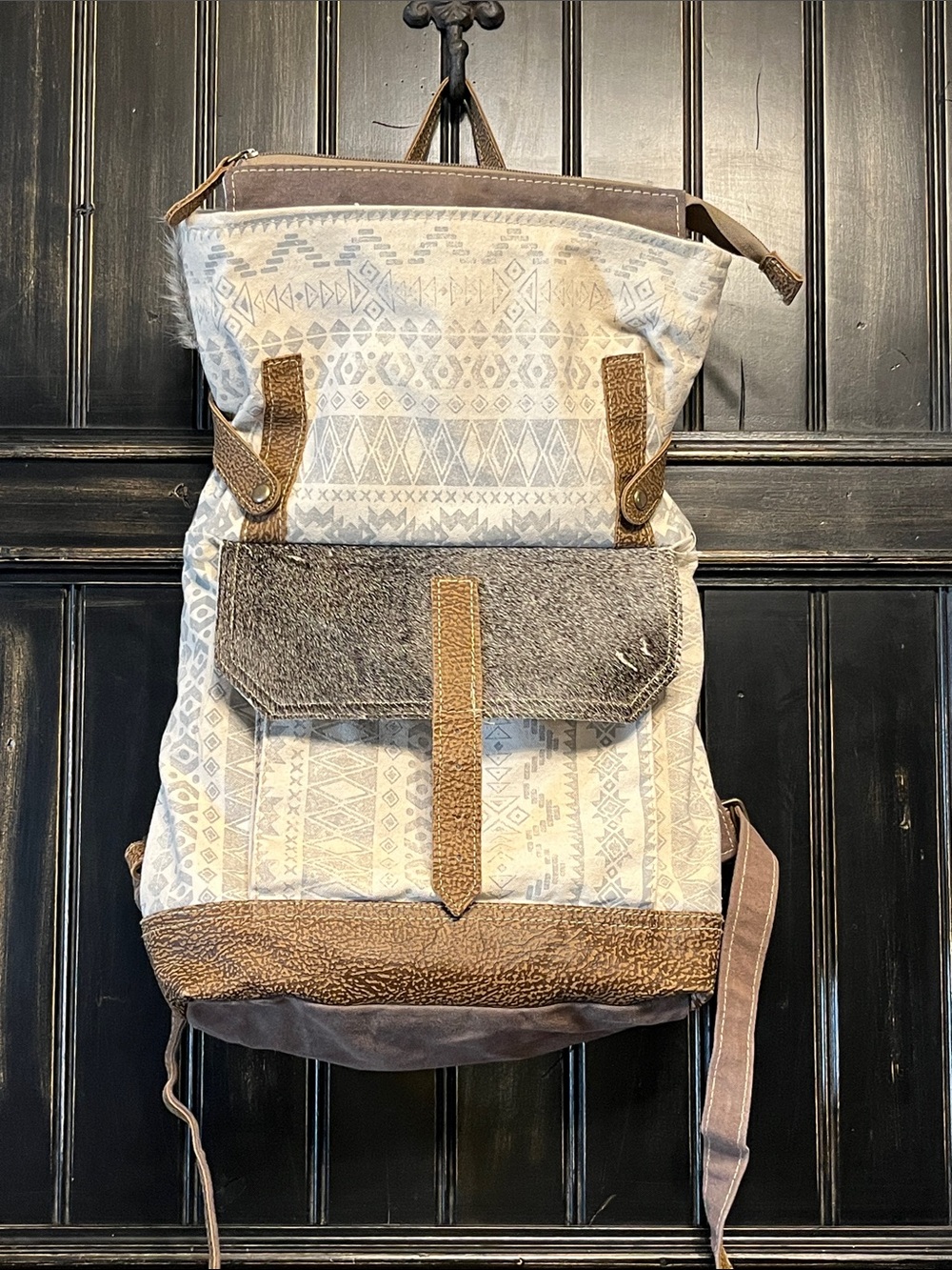 Myra Bag Canvas & Leather Tribal-Pattern Rolltop Backpack